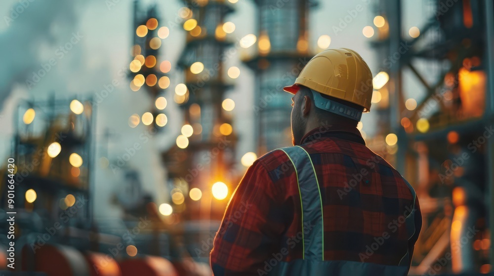 Obraz premium A worker in safety gear observes an industrial site, showcasing the importance of safety in the oil and gas industry at sunset.