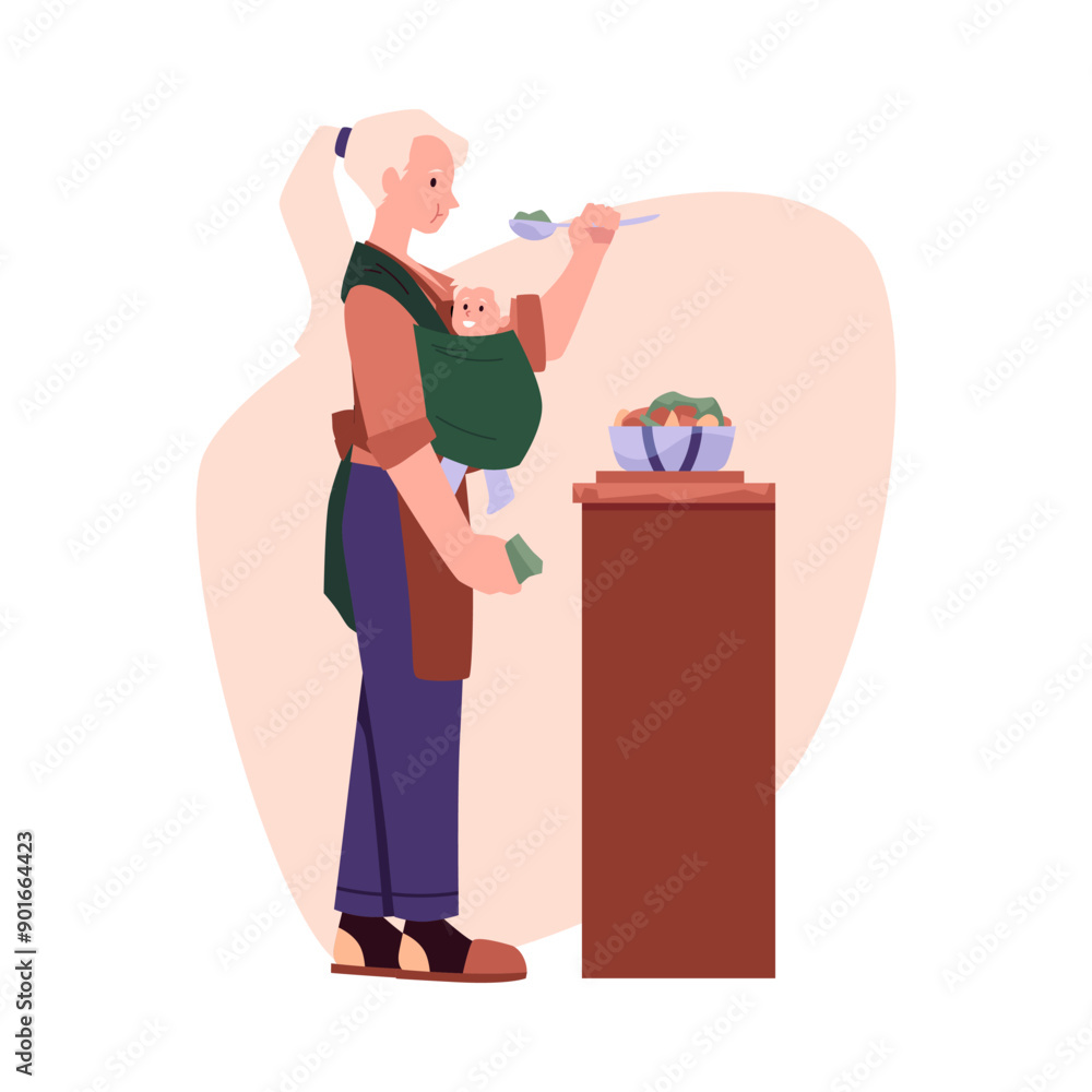 A vector illustration depicting a mother with a baby in a carrier enjoying a salad A vector illustration depicting a mother with a baby in a carrier enjoying a salad