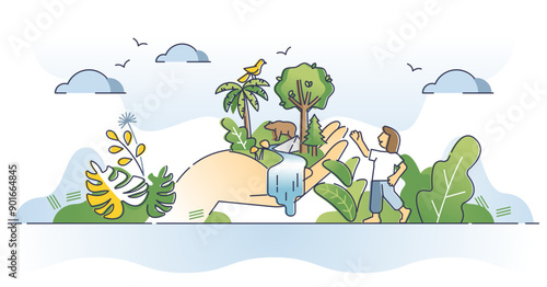 Conservation as environmental nature biodiversity protection outline concept, transparent background. Trees and species preservation with responsible resource usage illustration.
