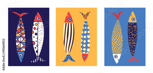 Poster with fish. Sardine.  Cute set. Vector illustration. Poster.