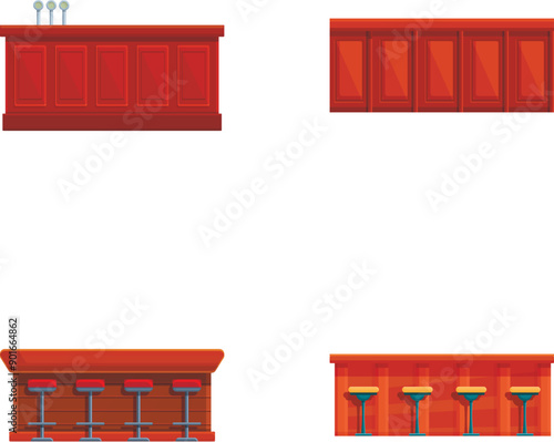 Bar furnishing icons set cartoon vector. Various bar counter and high chair. Cafe bar interior