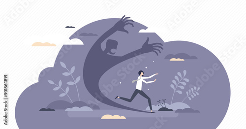 Fear attack as businessman afraid from its own shadow tiny person concept, transparent background. Threaten and terrify feeling from insecurity and doubt illustration.