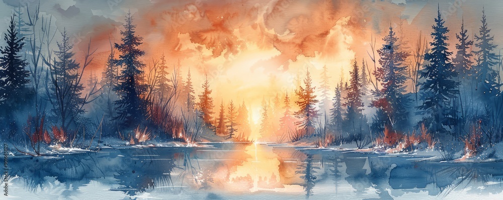A painting of a forest with a lake in the background A painting of a forest with a lake in the background