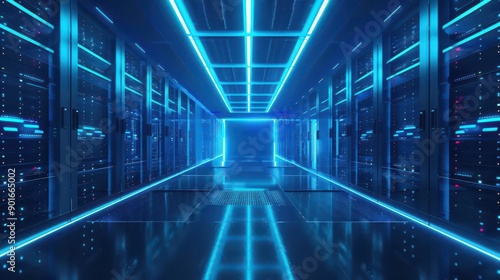 Futuristic data center hallway illuminated by blue neon lights, showcasing advanced technology and sleek design.