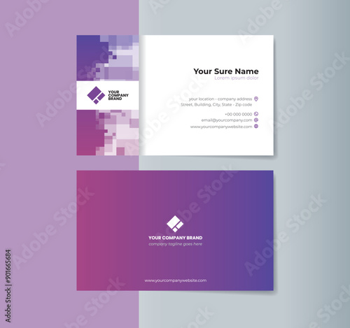 A set of double-sided business card template designs with random transparent purple squares on white background