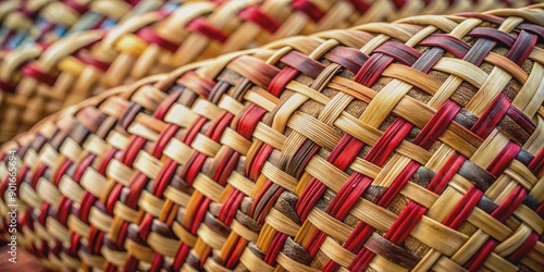 Woven flax fibers of harekeke in traditional Maori kete basket pattern with soft focus, imperfect background, and shallow depth of field in diagonal composition.