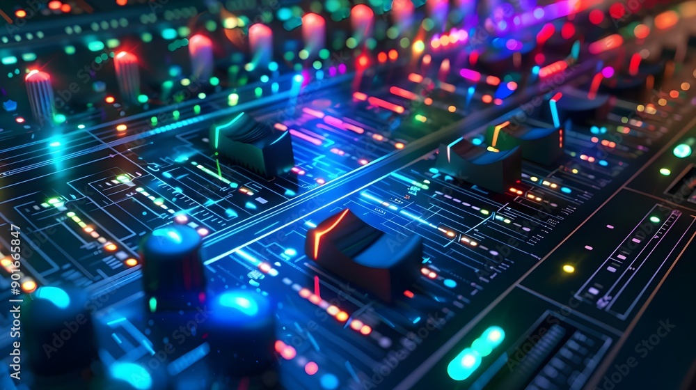Futuristic 3D Digital Soundboard with Interactive Elements and Dynamic Music Background Futuristic 3D Digital Soundboard with Interactive Elements and Dynamic Music Background