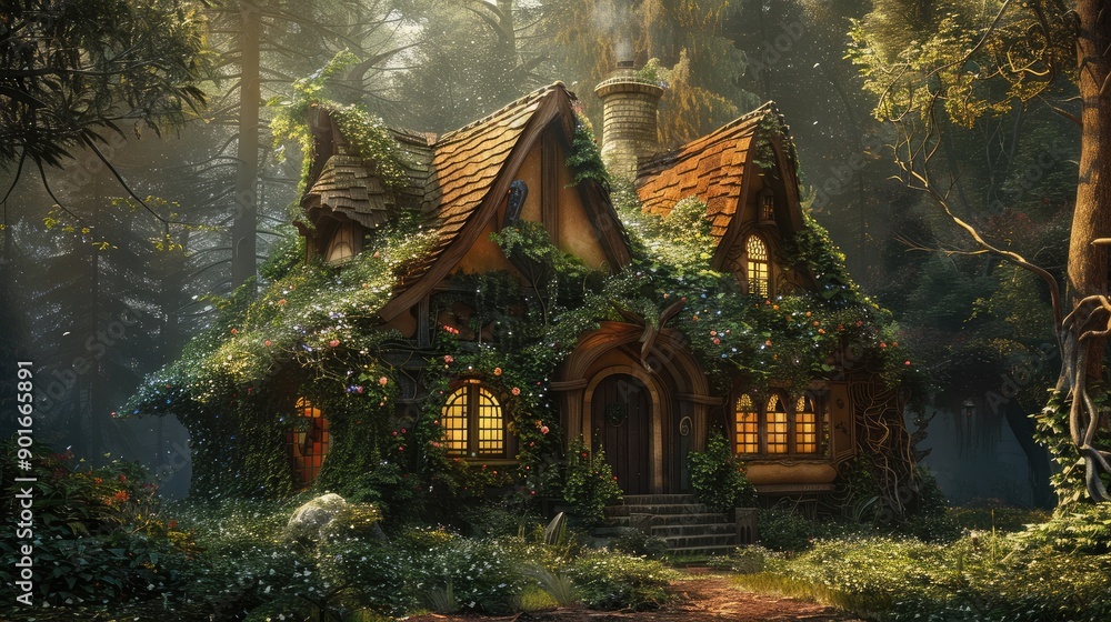 Obraz premium An enchanted fairytale cottage in a magical forest with walls covered in vines.