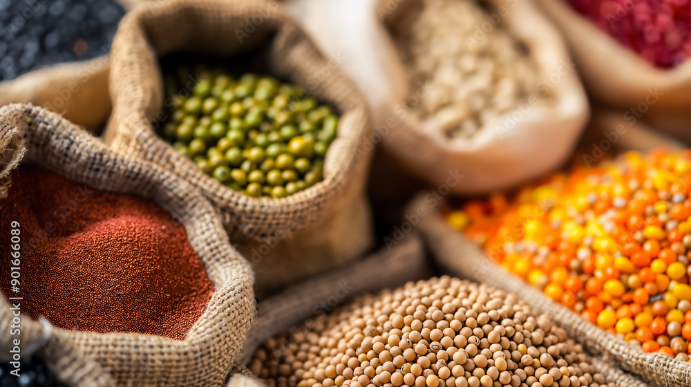 Fototapeta premium Colorful Seeds in Burlap Sacks