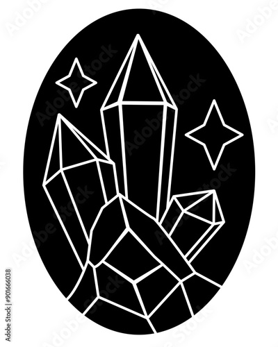 Crystals, druse with faceted stones and stars - vector silhouette picture for logo, pictogram. Crystals and stars, magic of stones - drawing for sign or icon