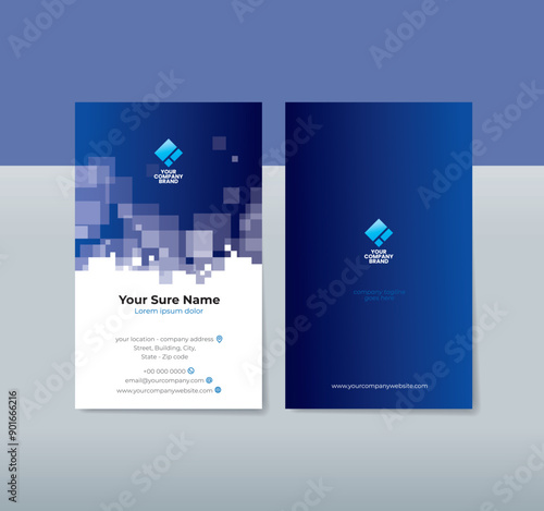 A set of vertical double-sided business card template designs with random transparent white squares on dark blue background