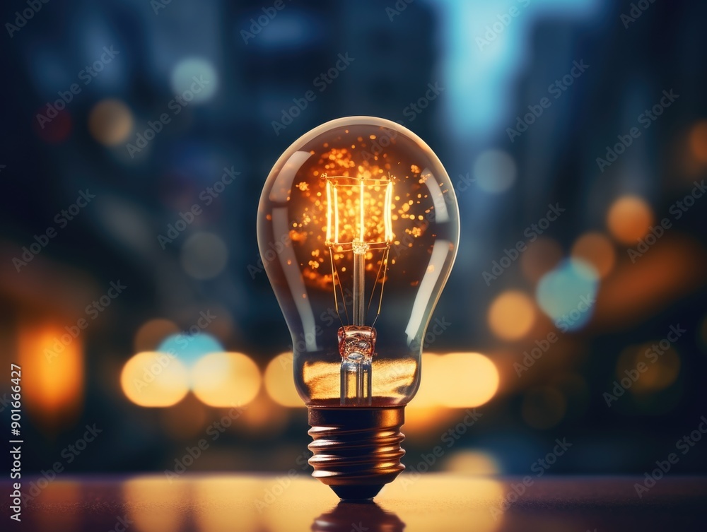 A light bulb is lit up and is sitting on a table. The light bulb is surrounded by a blurry background, giving the image a dreamy, ethereal quality A light bulb is lit up and is sitting on a table. The light bulb is surrounded by a blurry background, giving the image a dreamy, ethereal quality
