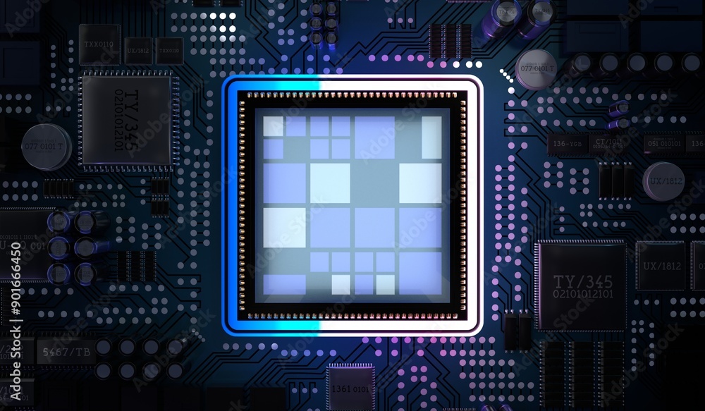 Fototapeta premium Computer processor and motherboard - 3D illustration