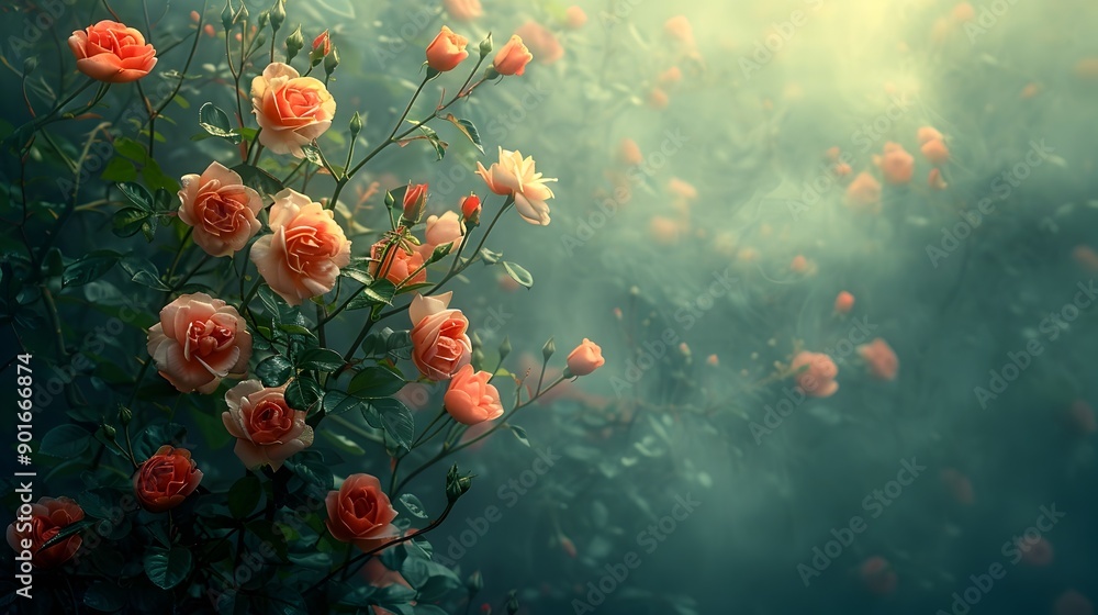 Blossoming Pink Roses in a Lush Garden on a Hazy Summer Day Blossoming Pink Roses in a Lush Garden on a Hazy Summer Day