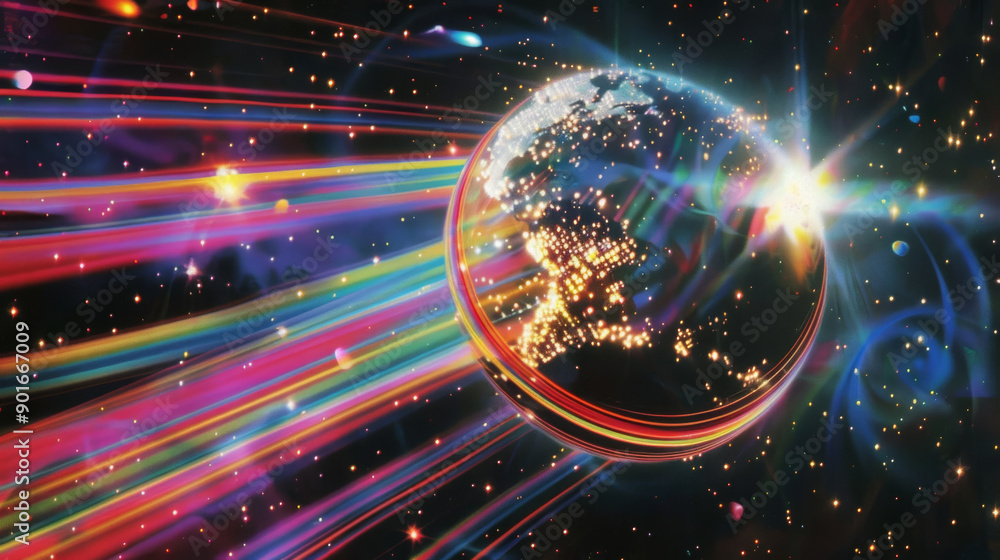 Obraz premium disco ball planet wrapped with shooting gemstones. 70s vintage futurism surrealism, old fashioned wallpaper