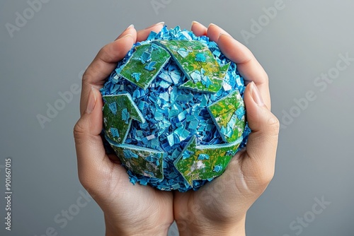 Hands holding green recycling symbol against blue globe, concept of environmental care and global protection photo