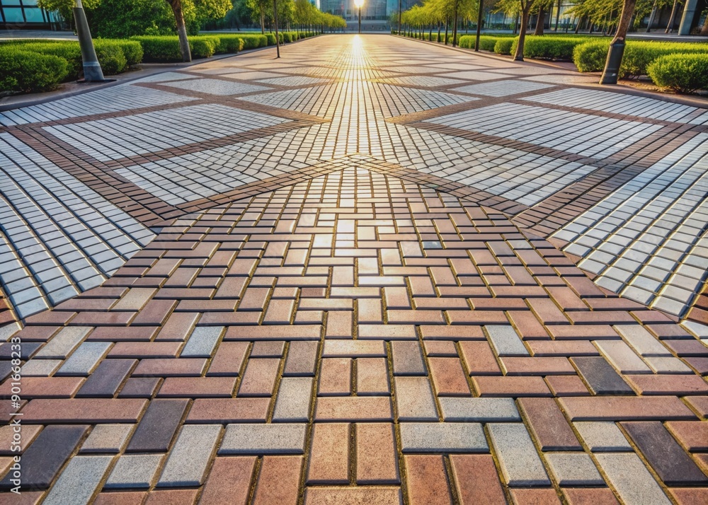 Fototapeta premium Neatly arranged paving stone blocks form a uniform pavement with clean lines and symmetrical patterns, creating a sense of harmony and serenity in urban design.