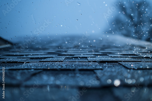 Asphalt roof shingles in a rain storm - a close up view of a roof during a storm, shallow depth of field - drops of rain