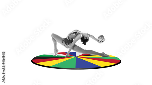 Flexible young girl, rhythmic gymnast in motion, performing with ball on multicolored platform against white background. Creative art collage. Concept of sport, international completion, tournament photo