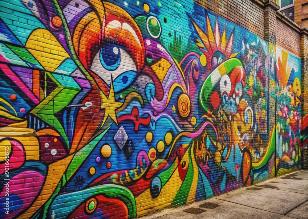 Obraz premium Vibrant colors and abstract shapes blend in a dynamic graffiti wall background, perfect for artistic pop art designs, modern fashion, and urban lifestyle visuals.