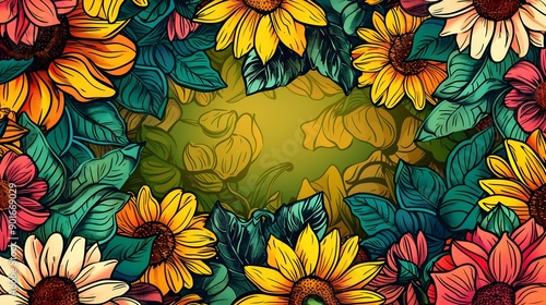 Wallpaper Mural Doodle Page Print Border Design with Blank Center and Radiant Sunflowers Torontodigital.ca