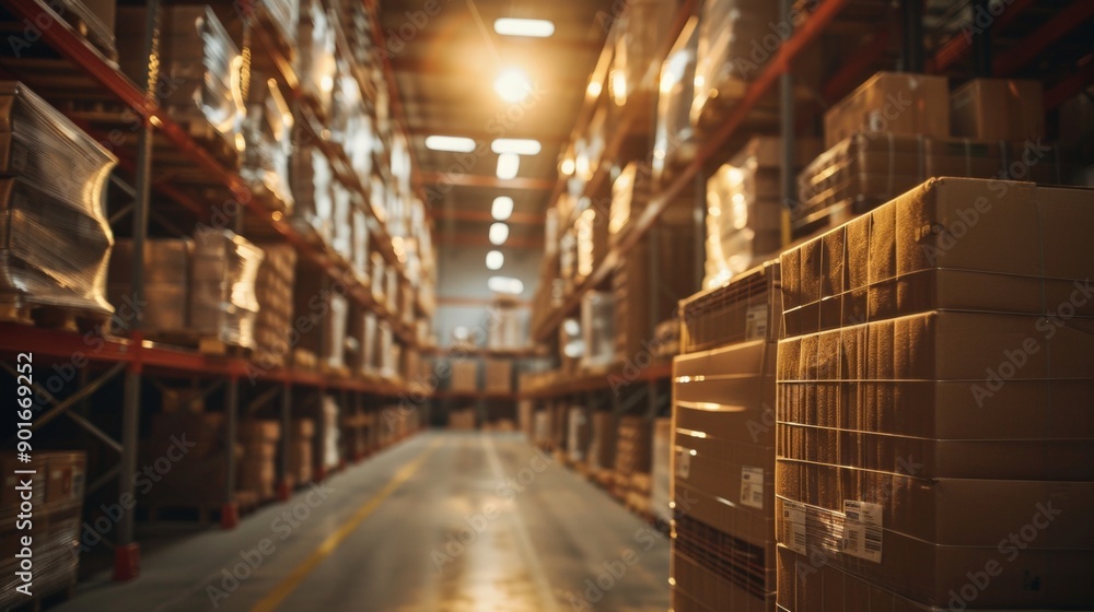 Warehouse with stacked pallets and shelves Warehouse with stacked pallets and shelves
