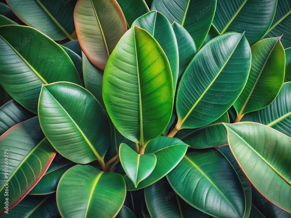 Fototapeta premium Vibrant high-resolution cutouts of rubber plant leaves showcasing their lustrous, deep green surfaces with intricate veins and delicate edges, perfect for botanical designs.