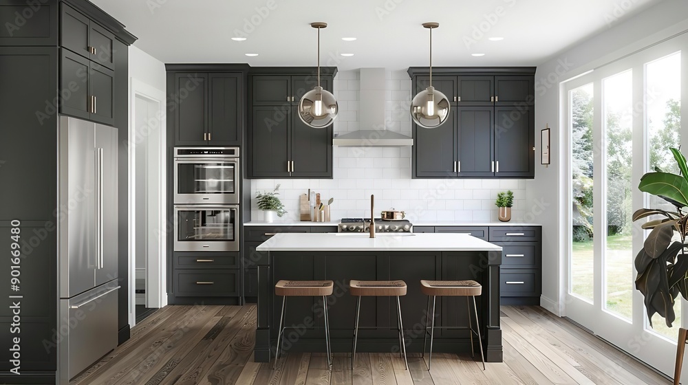 Fototapeta premium Modern Black Kitchen Design with White Countertops and Gold Accents