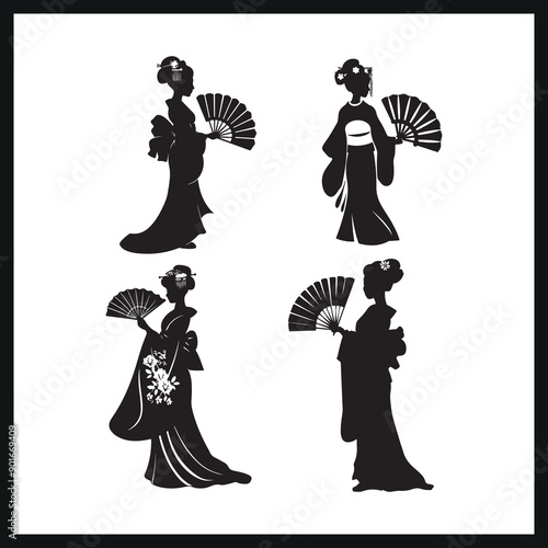 Silhouette of a Geisha with Fan clipart on a white background