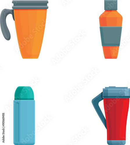 Thermal cup icons set cartoon vector. Bright thermal mug and thermos. Termo container for warm drink