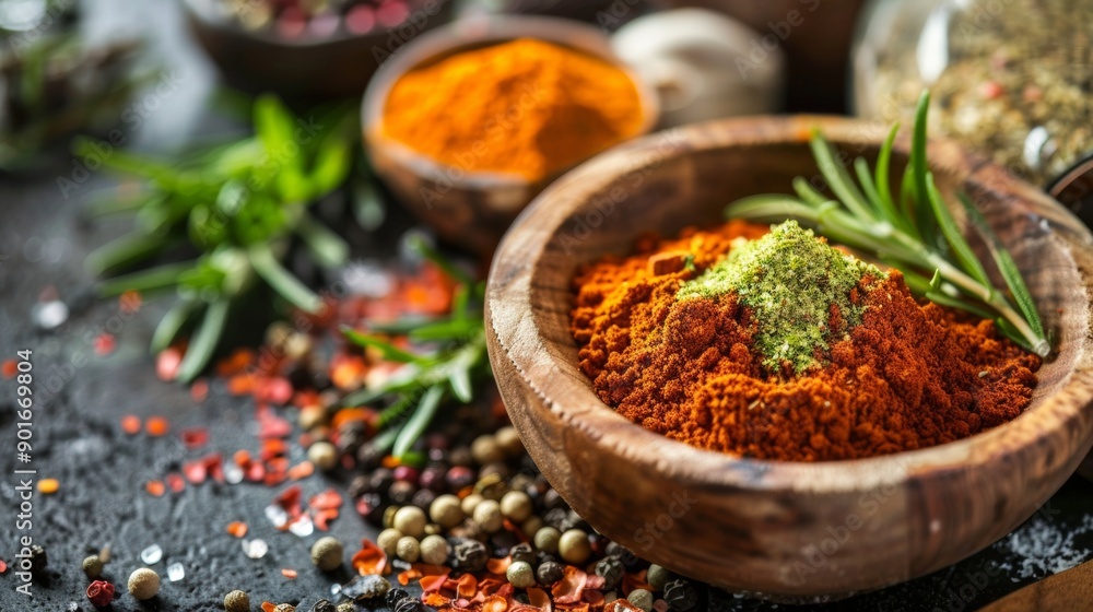 Colorful spices in wooden bowls with herbs Colorful spices in wooden bowls with herbs