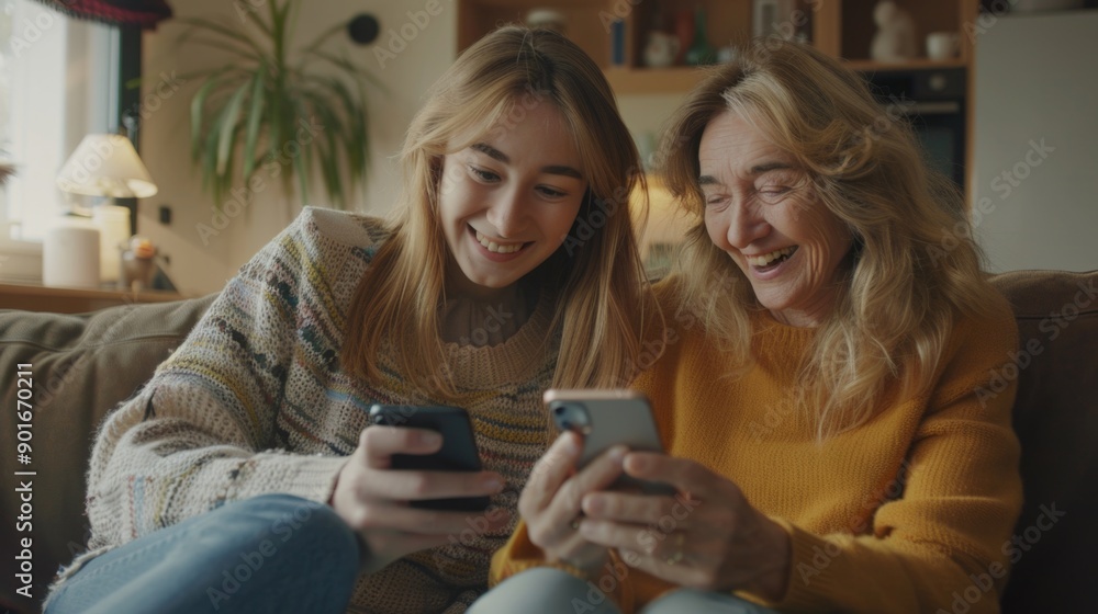 Two women are sitting on a couch and looking at their cell phones. They are both smiling and seem to be enjoying themselves Two women are sitting on a couch and looking at their cell phones. They are both smiling and seem to be enjoying themselves