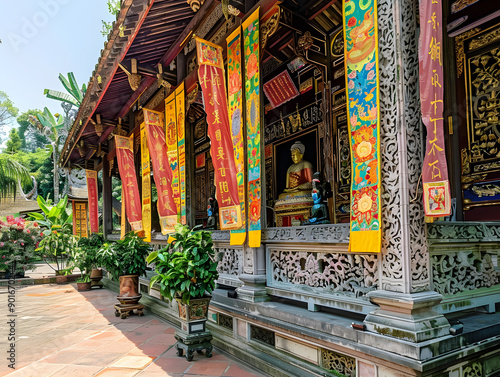 Ancient Buddhist temple with detailed carvings on the exterior walls, showcasing intricate craftsmanship.