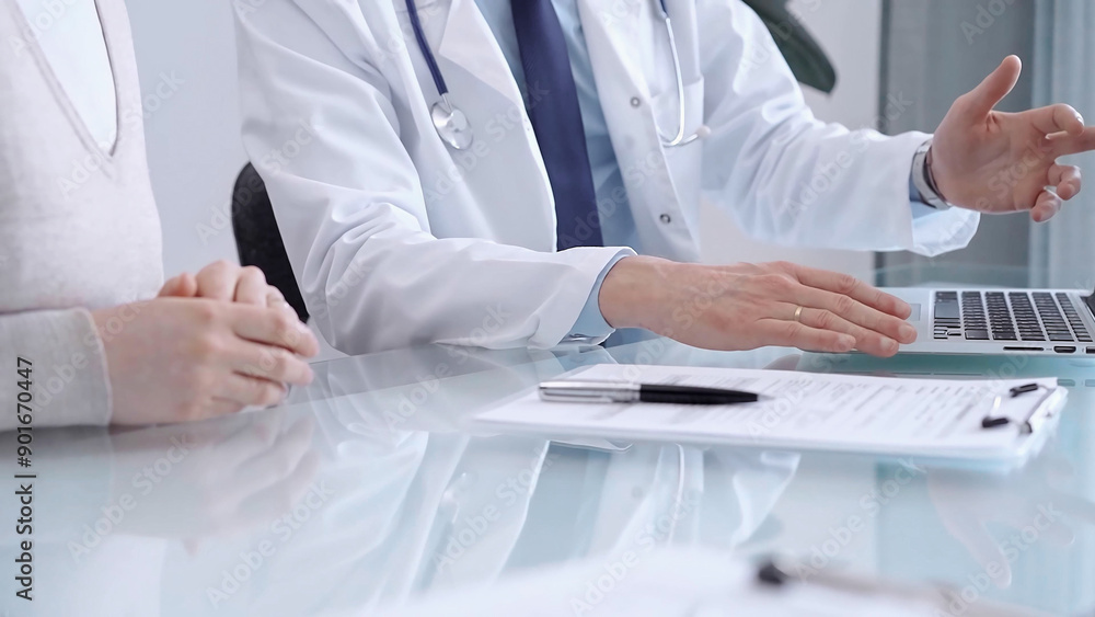 Doctor is consulting patient in modern fair clinic. Healthcare professional discusses medical information with a woman, pointing into the laptop computer monitor. Medicine concept Doctor is consulting patient in modern fair clinic. Healthcare professional discusses medical information with a woman, pointing into the laptop computer monitor. Medicine concept