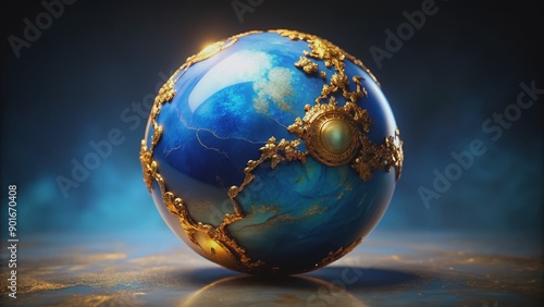 Vibrant blue orb with molten gold accents, evoking luxury and sophistication, set against a dark background, perfect for elegant designs and high-end visuals.