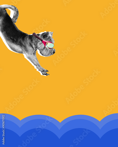 Purebred dog in swimming goggles jumping into abstract wave of sea against yellow background. Contemporary art collage. Concept of animal theme, sport, competitions, surrealism, fun photo