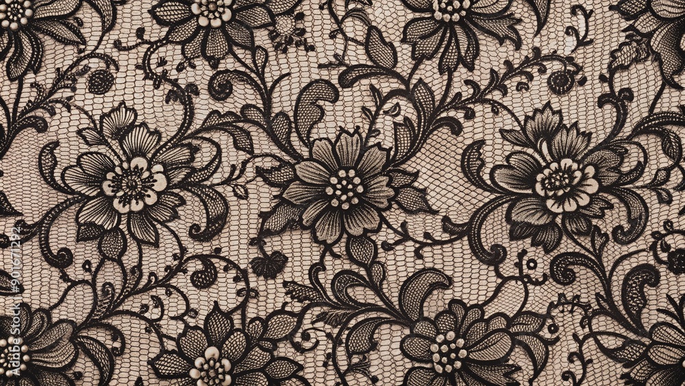 Delicate intricate black floral lace texture with ornate patterns and subtle sheen, adding romance and sophistication to any design or background. Delicate intricate black floral lace texture with ornate patterns and subtle sheen, adding romance and sophistication to any design or background.