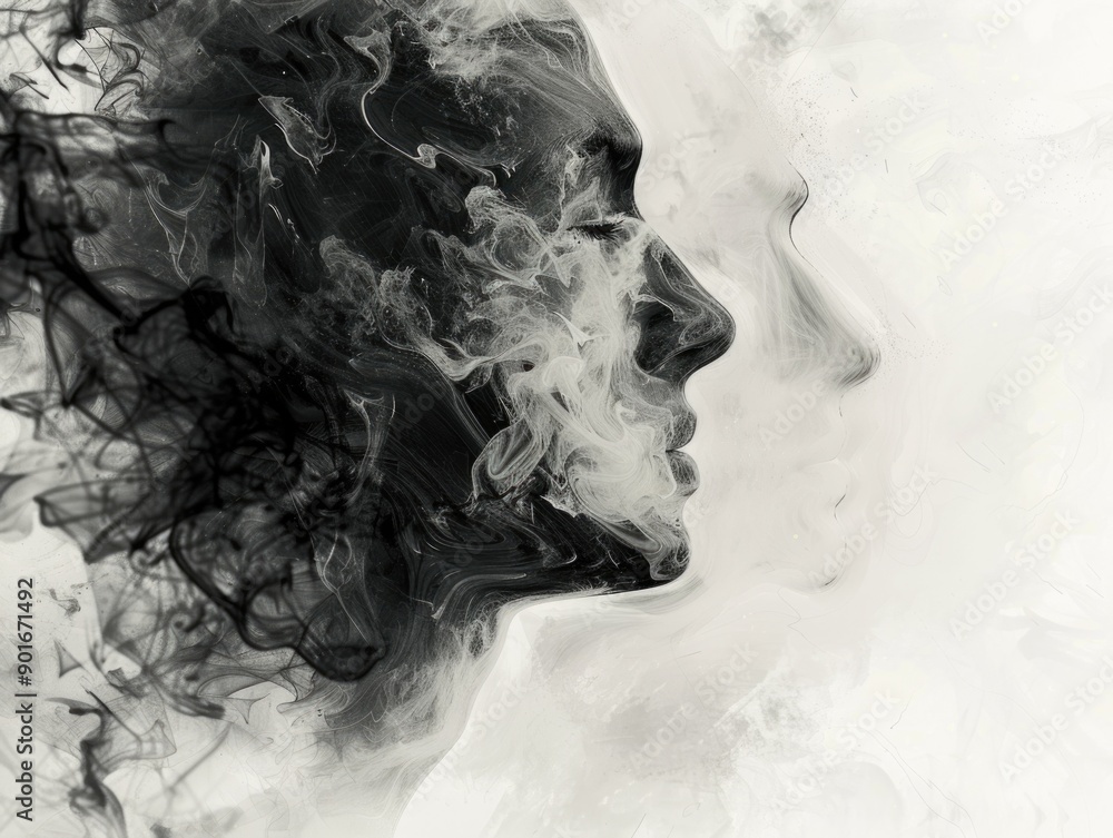 A black and white photo of a woman's face with smoke surrounding it. The smoke is thick and dark, giving the image a moody and mysterious feel A black and white photo of a woman's face with smoke surrounding it. The smoke is thick and dark, giving the image a moody and mysterious feel