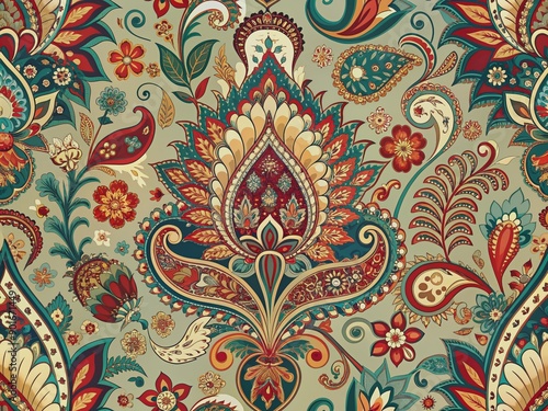 Intricately designed paisley ethnic pattern featuring vibrant Indian flower motifs in damask style, perfect for textiles, wallpapers, and decorative elements, evoking cultural elegance.