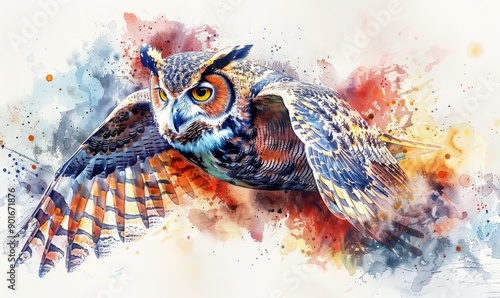 Fotografie A colorful owl is flying through a painting with splatters of paint