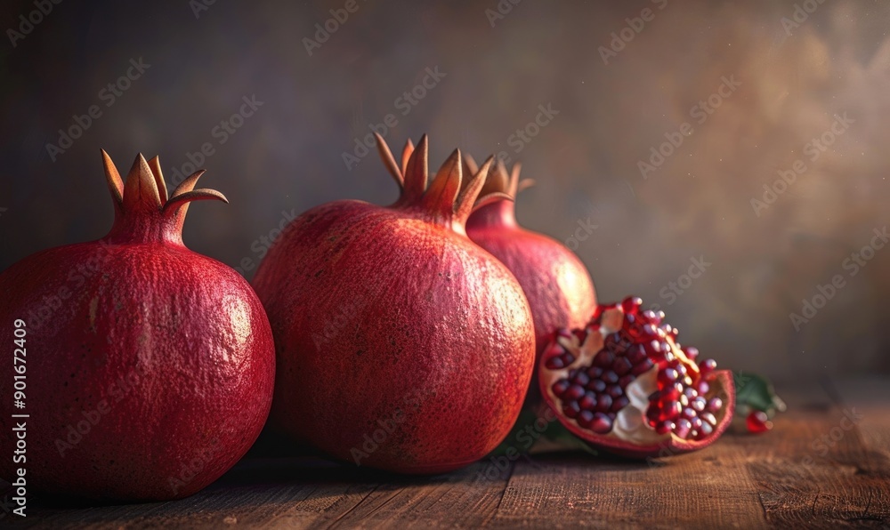 A close-up view of pomegranates with a focus on the textured skin A close-up view of pomegranates with a focus on the textured skin
