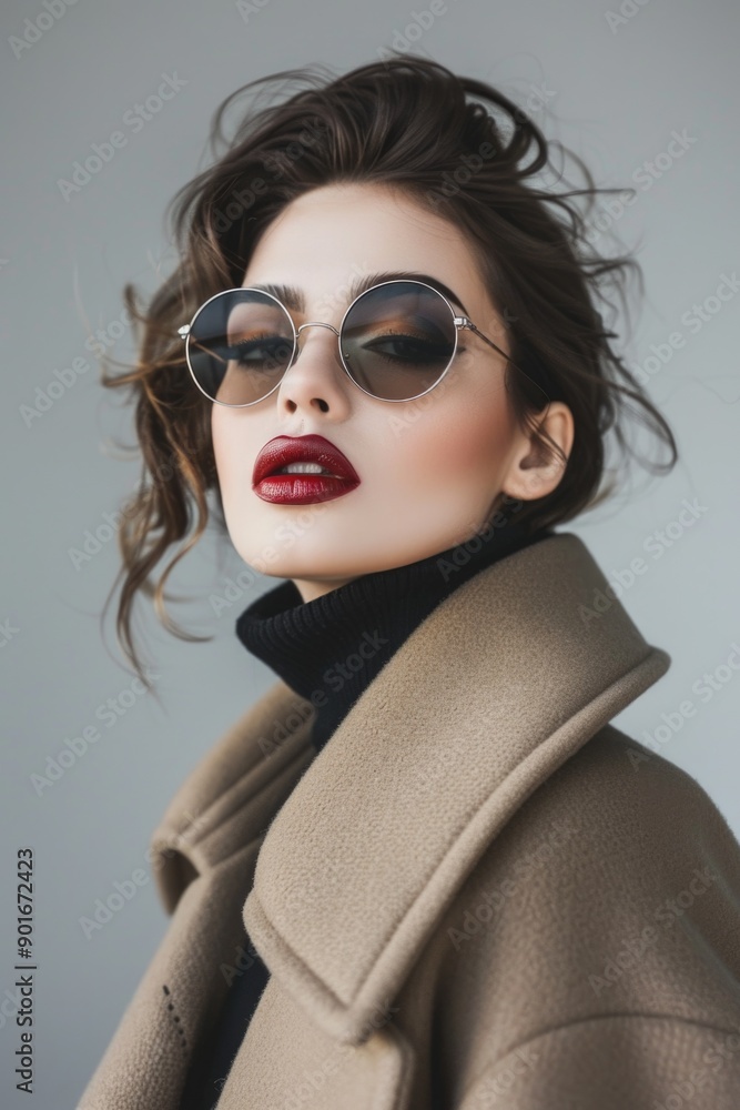 A woman wearing sunglasses and red lipstick. She is wearing a black coat and a brown jacket. She is posing for a photo A woman wearing sunglasses and red lipstick. She is wearing a black coat and a brown jacket. She is posing for a photo