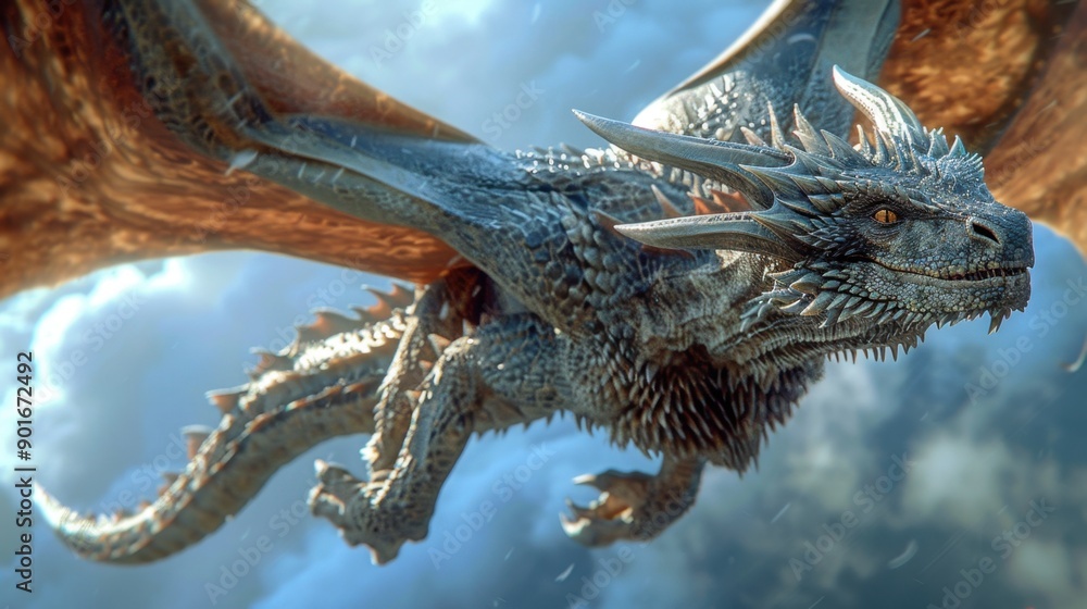 A majestic dragon soaring through the sky, depicted with intricate details and powerful wings, capturing a sense of fantasy and adventure. A majestic dragon soaring through the sky, depicted with intricate details and powerful wings, capturing a sense of fantasy and adventure.
