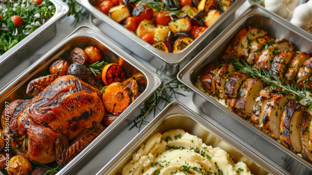 A variety of roasted meats and vegetables in trays A variety of roasted meats and vegetables in trays