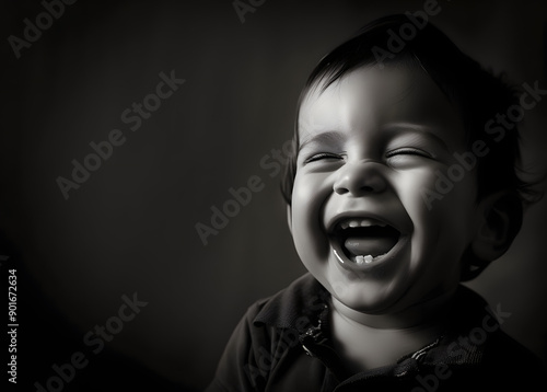 Black and White Portrait of a Smiling Baby in Pensive Poses Style photo