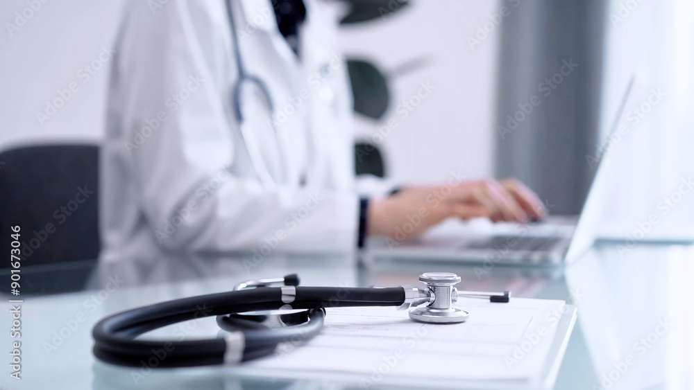 Stethoscope is lying on the glass table while doctor woman is working with laptop computer on the background. Medicine and pharmacy concept Stethoscope is lying on the glass table while doctor woman is working with laptop computer on the background. Medicine and pharmacy concept