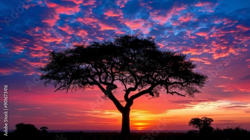 Silhouette of a tree against a vibrant sunset sky