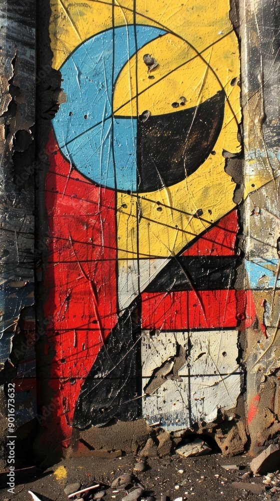 Fototapeta premium A weathered wall with a vibrant abstract geometric painting in blue, yellow, red, black, and white