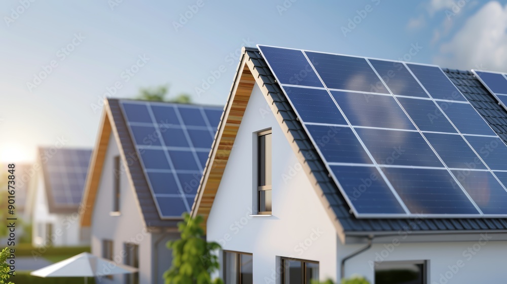 Naklejka premium A community solar project with residents sharing energy generated from local solar panels, with copy space, high-resolution photo, hyper realistic