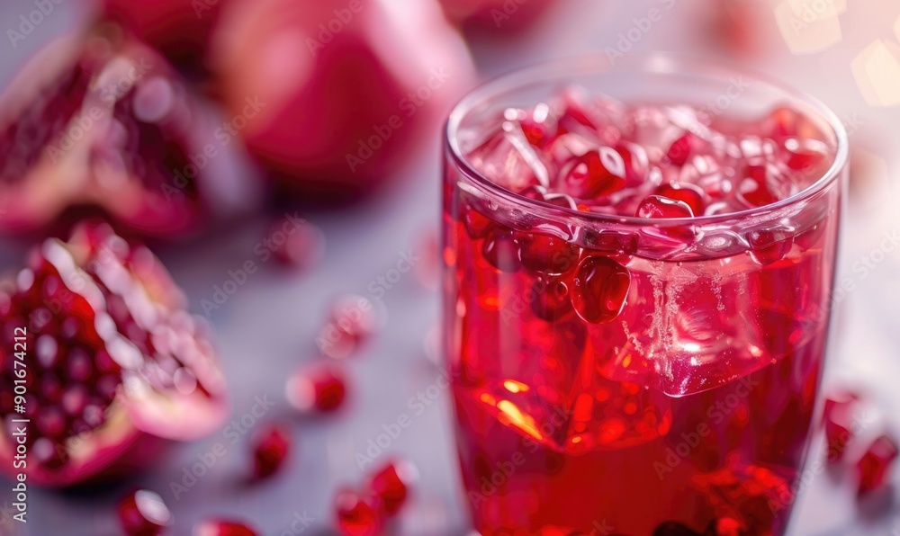 Close-up of a glass of pomegranate juice with a dish of pomegranate seeds Close-up of a glass of pomegranate juice with a dish of pomegranate seeds